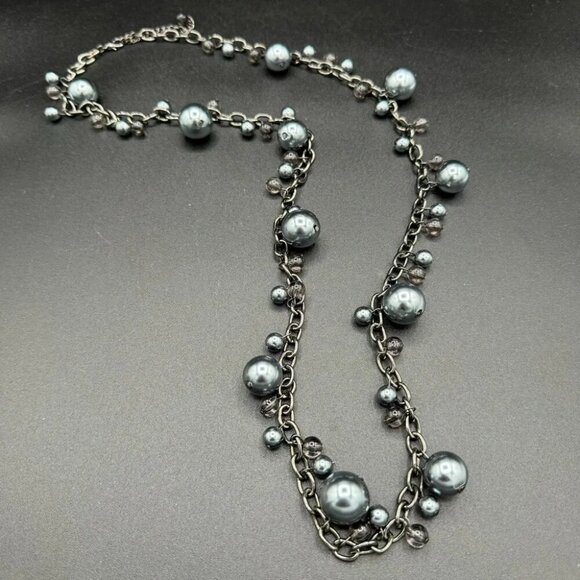 Satin Grey and Gunmetal Chunky Beaded Long Necklace - Picture 3 of 12